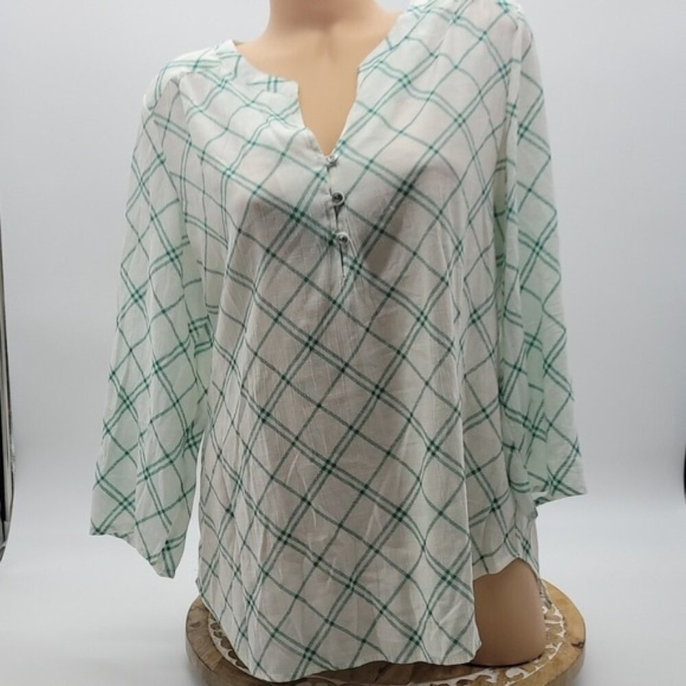 Kim Rogers Green & White Plaid Button-Front Blouse With 3/4 Sleeves